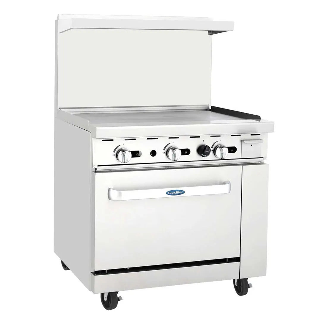 New Atosa AGR-36G 36" Gas Range. 36" Wide Griddle with (1) 26" 1/2 Wide Oven, 2 Oven Racks (Castors Included)