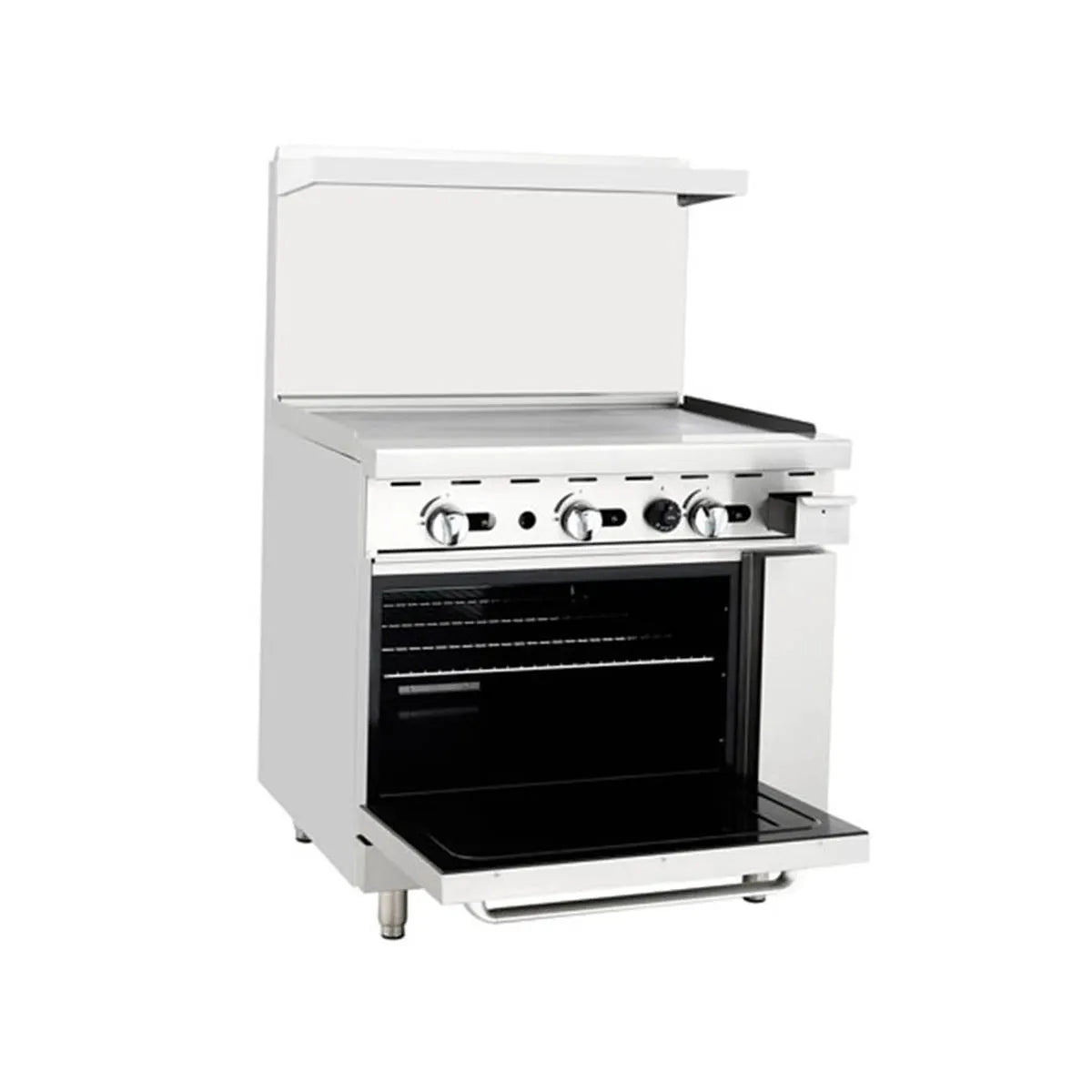 New Atosa AGR-36G 36" Gas Range. 36" Wide Griddle with (1) 26" 1/2 Wide Oven, 2 Oven Racks (Castors Included)
