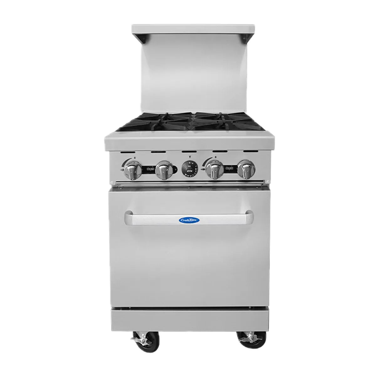 New Atosa AGR-4B 24" Gas Range. (4) 32,000 BTU Open Burners with (1) 20" Wide Oven, 2 Oven Racks (Castors Included)