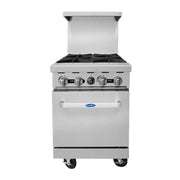 New Atosa AGR-4B 24" Gas Range. (4) 32,000 BTU Open Burners with (1) 20" Wide Oven, 2 Oven Racks (Castors Included)