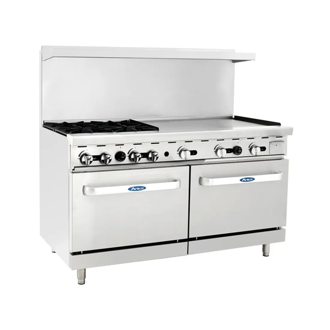 New Atosa AGR-4B36GR 60" Gas Range (4) 32,000 BTU Burners and 36" Griddle on the RIGHT with (2) 26'' 1/2 Wide Ovens, 4 Oven Racks (Castors Included)