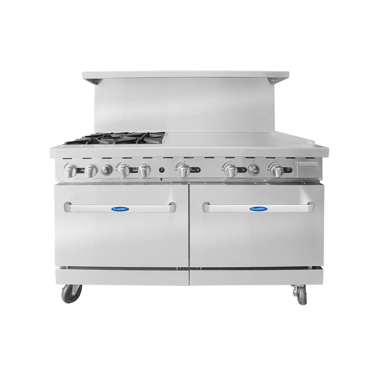 New Atosa AGR-4B36GR 60" Gas Range (4) 32,000 BTU Burners and 36" Griddle on the RIGHT with (2) 26'' 1/2 Wide Ovens, 4 Oven Racks (Castors Included)