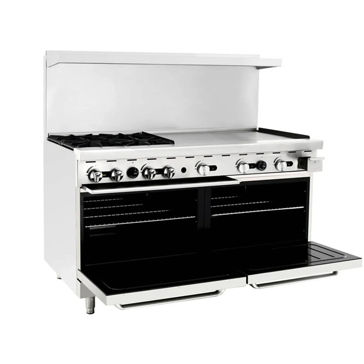New Atosa AGR-4B36GR 60" Gas Range (4) 32,000 BTU Burners and 36" Griddle on the RIGHT with (2) 26'' 1/2 Wide Ovens, 4 Oven Racks (Castors Included)