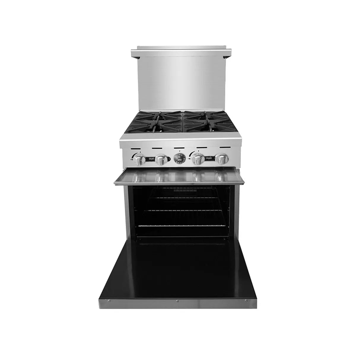 New Atosa AGR-4B 24" Gas Range. (4) 32,000 BTU Open Burners with (1) 20" Wide Oven, 2 Oven Racks (Castors Included)