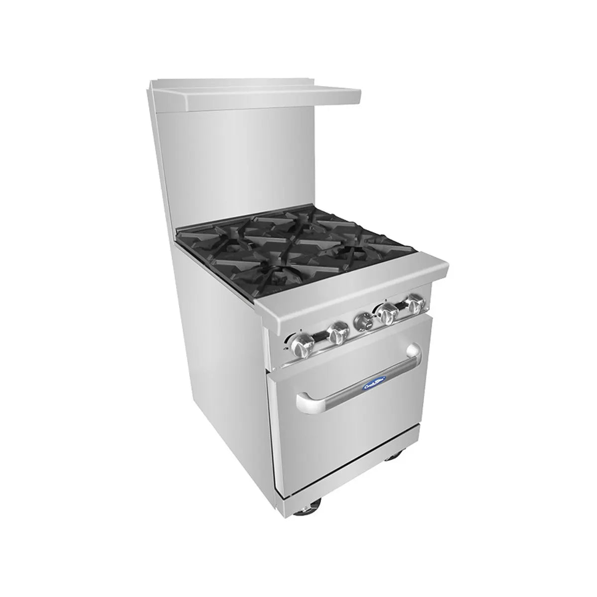 New Atosa AGR-4B 24" Gas Range. (4) 32,000 BTU Open Burners with (1) 20" Wide Oven, 2 Oven Racks (Castors Included)