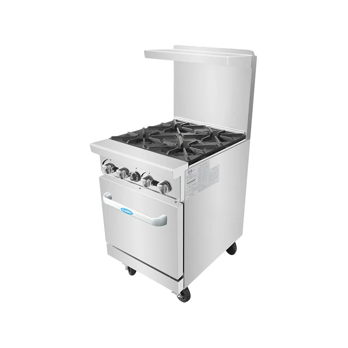 New Atosa AGR-4B 24" Gas Range. (4) 32,000 BTU Open Burners with (1) 20" Wide Oven, 2 Oven Racks (Castors Included)