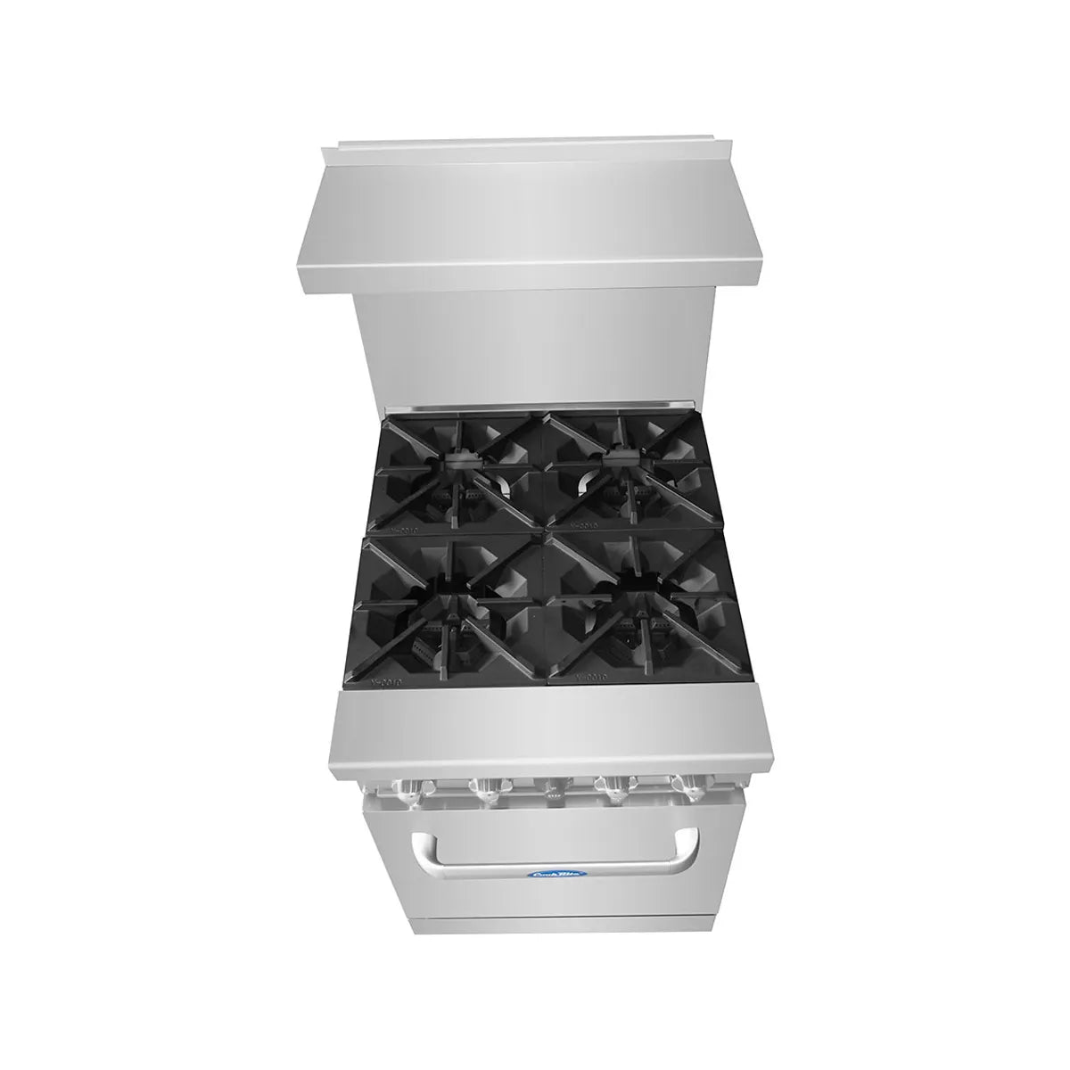 New Atosa AGR-4B 24" Gas Range. (4) 32,000 BTU Open Burners with (1) 20" Wide Oven, 2 Oven Racks (Castors Included)