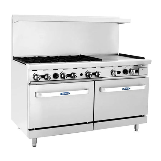 New Atosa AGR-6B24RGB 60" Gas Range. (6) 32,000 BTU Burners and 24" Raised Griddle on the RIGHT with (2) 26" 1/2 Wide Ovens, 4 Oven Racks (Castors Included)