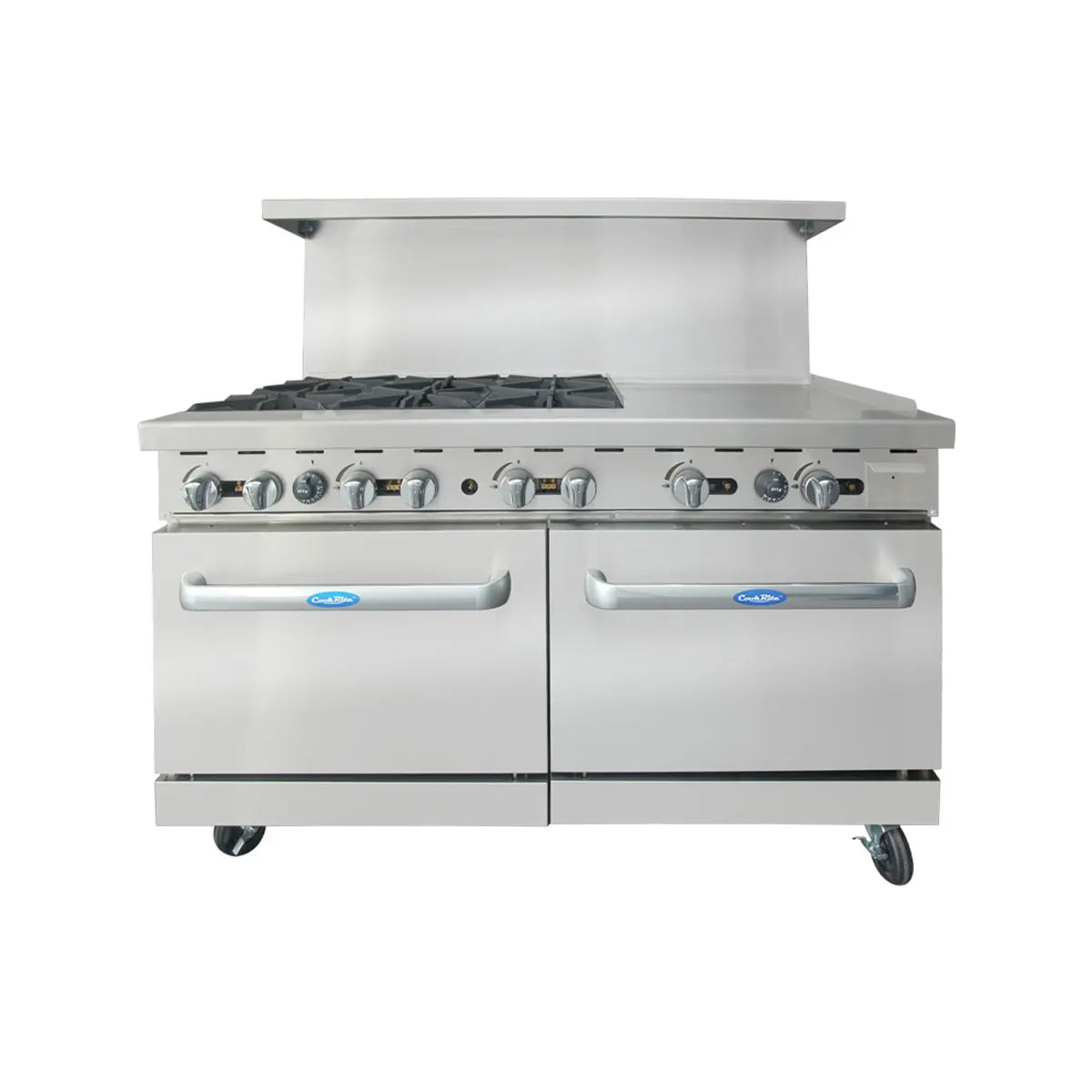 New Atosa AGR-6B24RGB 60" Gas Range. (6) 32,000 BTU Burners and 24" Raised Griddle on the RIGHT with (2) 26" 1/2 Wide Ovens, 4 Oven Racks (Castors Included)