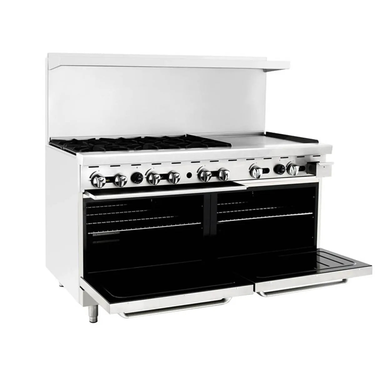 New Atosa AGR-6B24RGB 60" Gas Range. (6) 32,000 BTU Burners and 24" Raised Griddle on the RIGHT with (2) 26" 1/2 Wide Ovens, 4 Oven Racks (Castors Included)