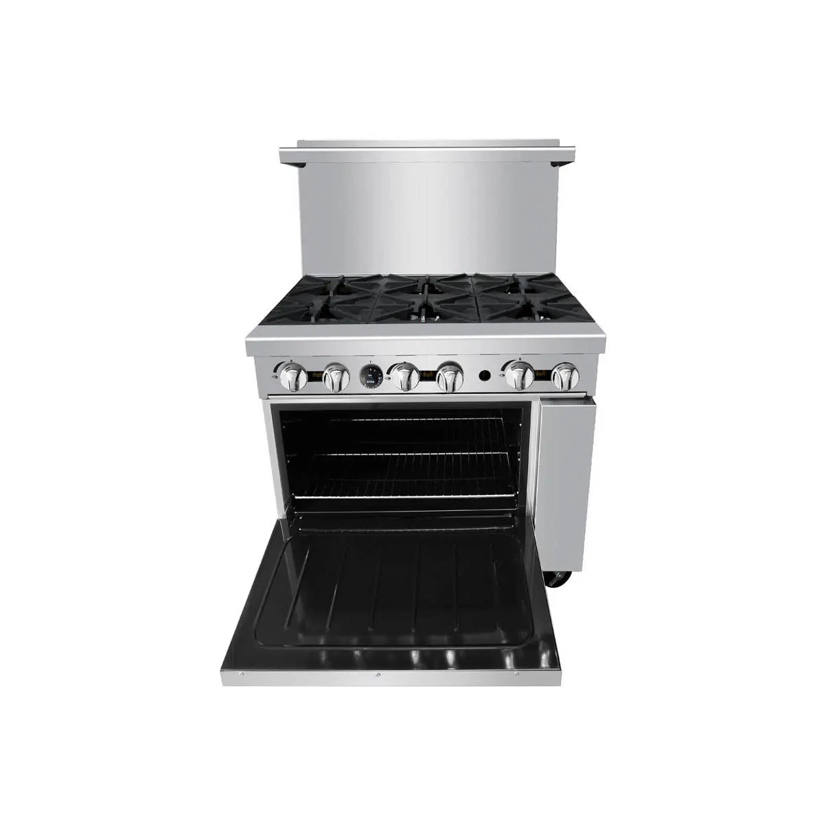 New Atosa AGR-6B 36" Gas Range. (6) 32,000 BTU Open Burners with (1) 26" 1/2 Wide Oven, 2 Oven Racks (Castors Included)