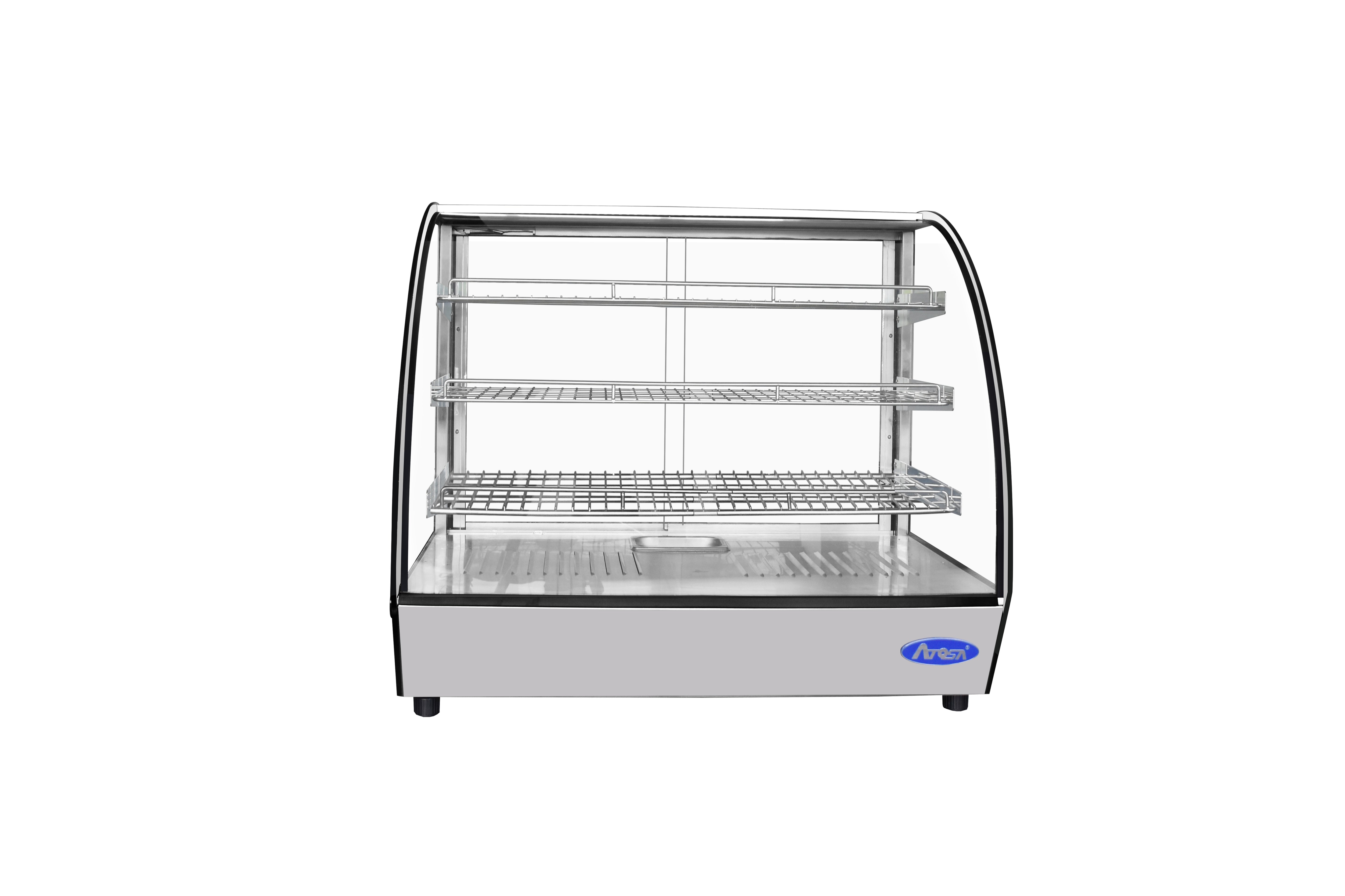New Atosa CHDC-44 Countertop Heated Display Case - Curved, 4.4 Cu Ft w/ 3 Stainless Shelves and 2 Rear Sliding Glass Doors