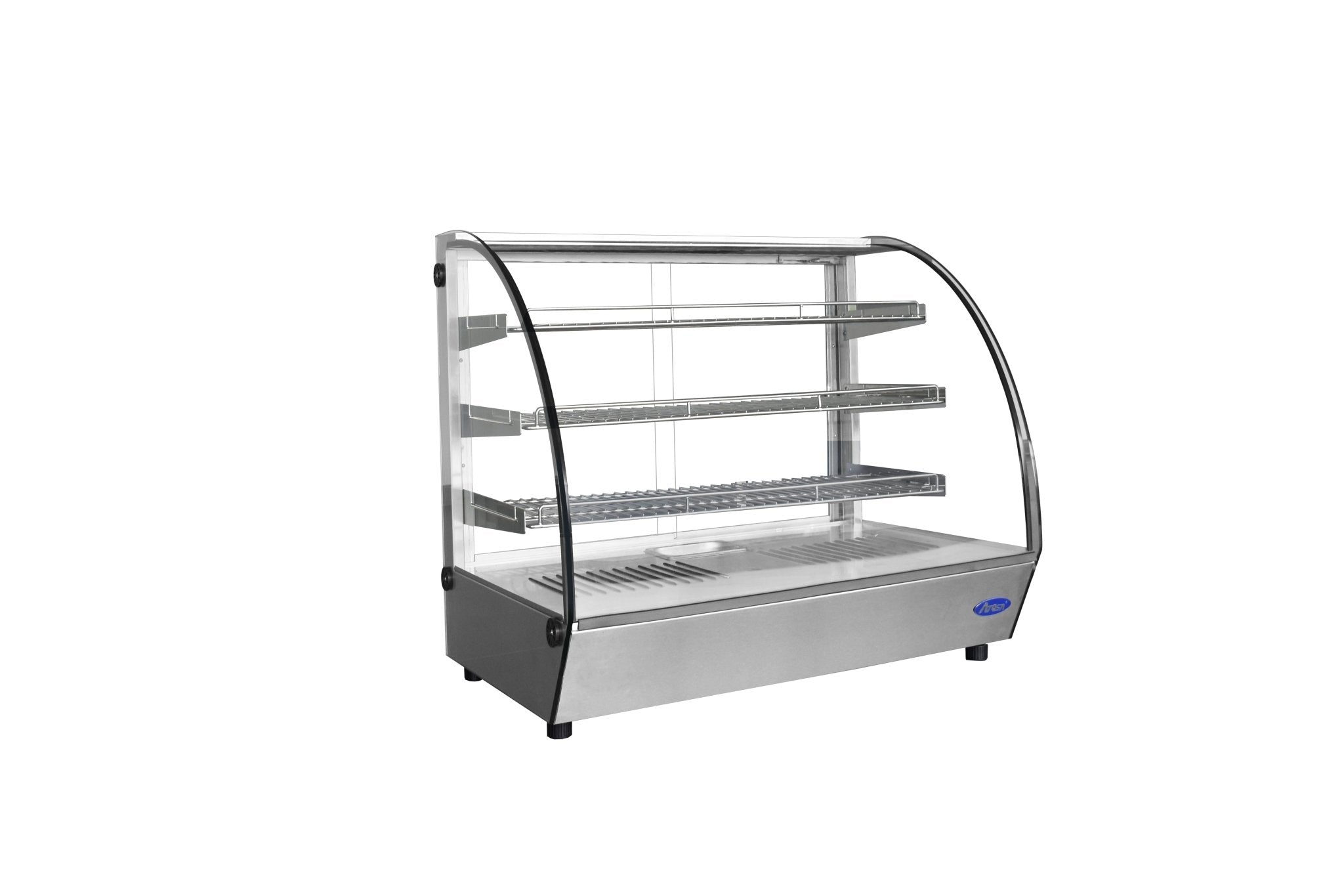 New Atosa CHDC - 44 Countertop Heated Display Case - Curved, 4.4 Cu Ft w/ 3 Stainless Shelves and 2 Rear Sliding Glass Doors - Falcon Restaurant Supply - 2