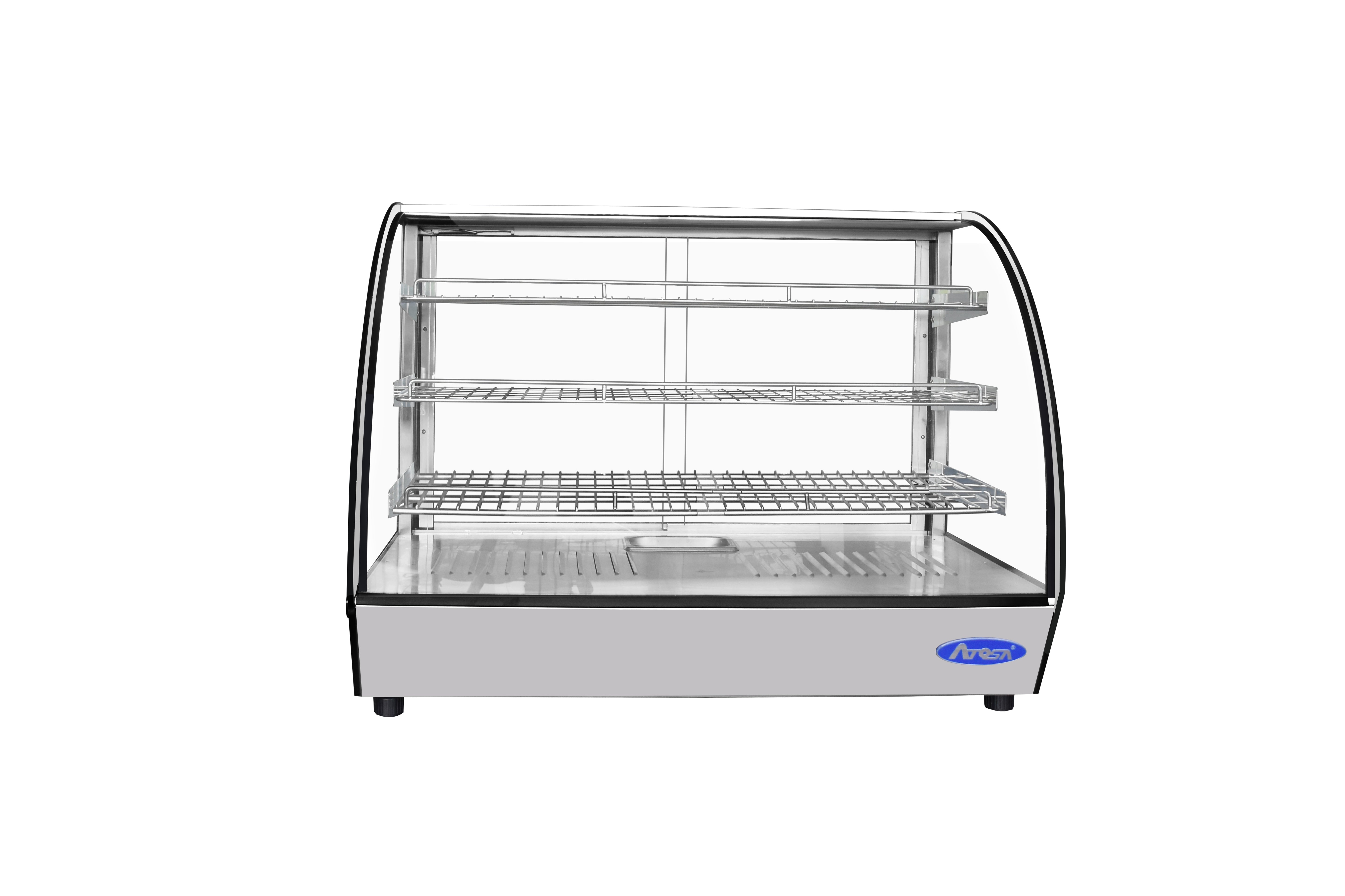New Atosa CHDC-56 Countertop Heated Display Case - Curved, 5.6 Cu Ft w/ 3 Stainless Shelves w/ 2 Rear Sliding Glass Doors