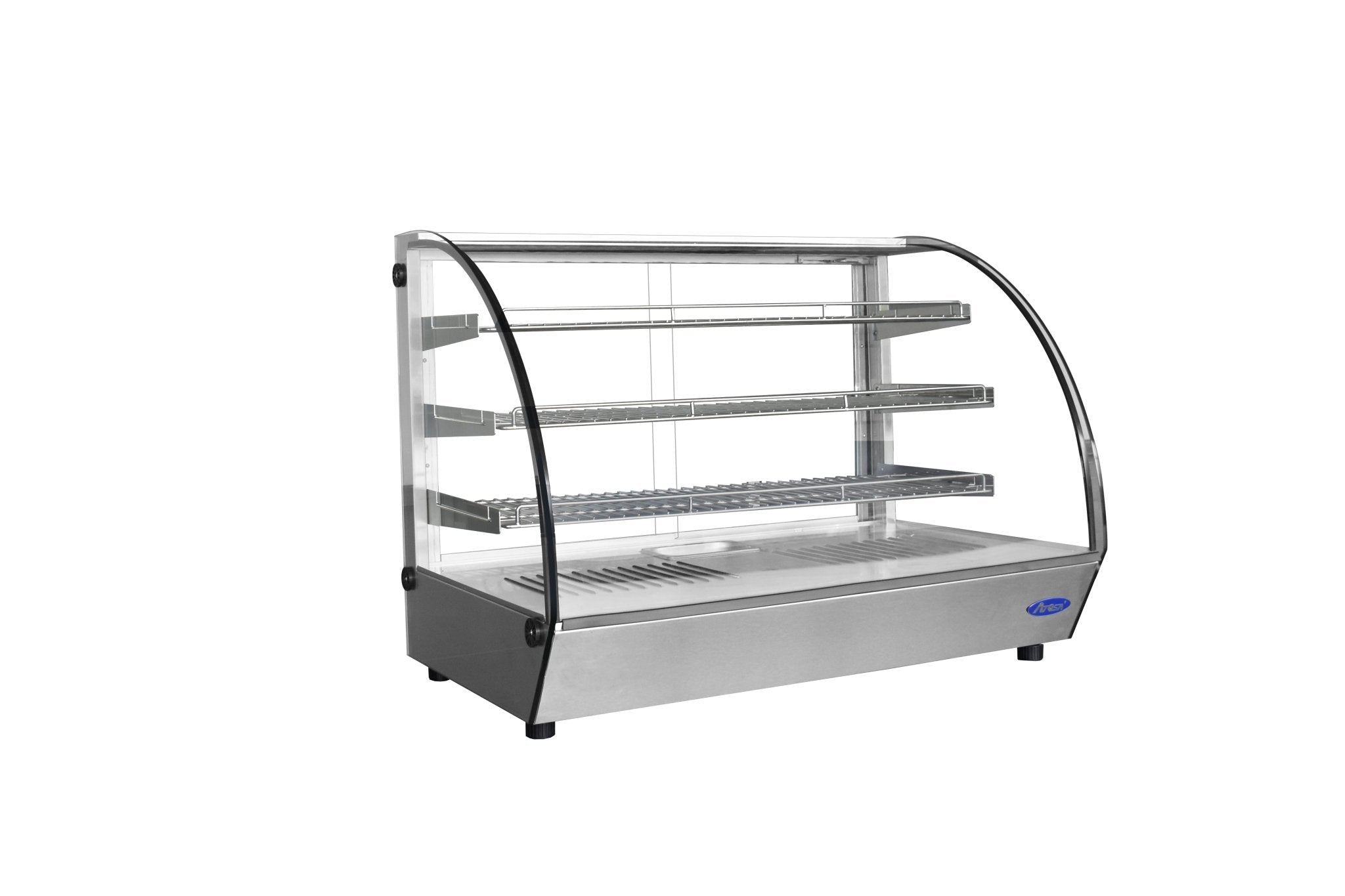 New Atosa CHDC - 56 Countertop Heated Display Case - Curved, 5.6 Cu Ft w/ 3 Stainless Shelves w/ 2 Rear Sliding Glass Doors - Falcon Restaurant Supply - 2