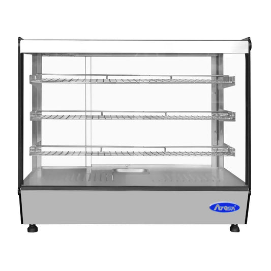 New Atosa CHDS-53 Countertop Heated Display Case - Square, 5.3 Cu Ft w/ 3 Shelves w/ 2 Rear Sliding Glass Doors