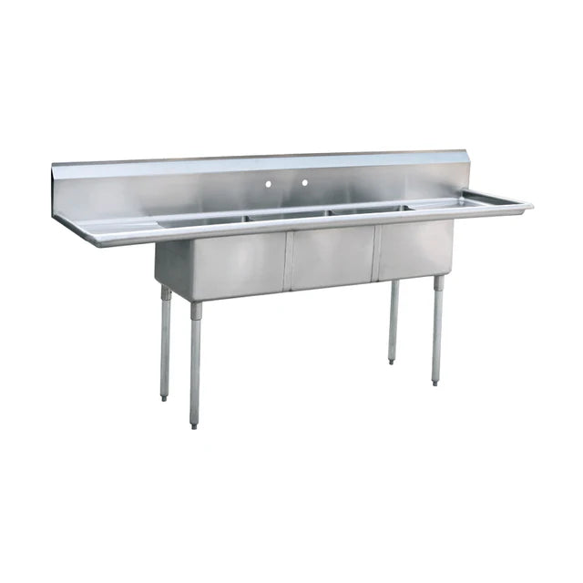 New Atosa MRSB-3-D Three (3) Compartment Bakery Sheet Pan Sink with 24'' Left and Right Drainboards - 120"W x 30"D x 44.5"H - 19.5" Leg