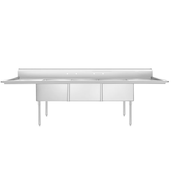 New Atosa SS1818D31D18 90" Three Compartment Sink w/ Dual Drainboards, 18" x 18" Bowls