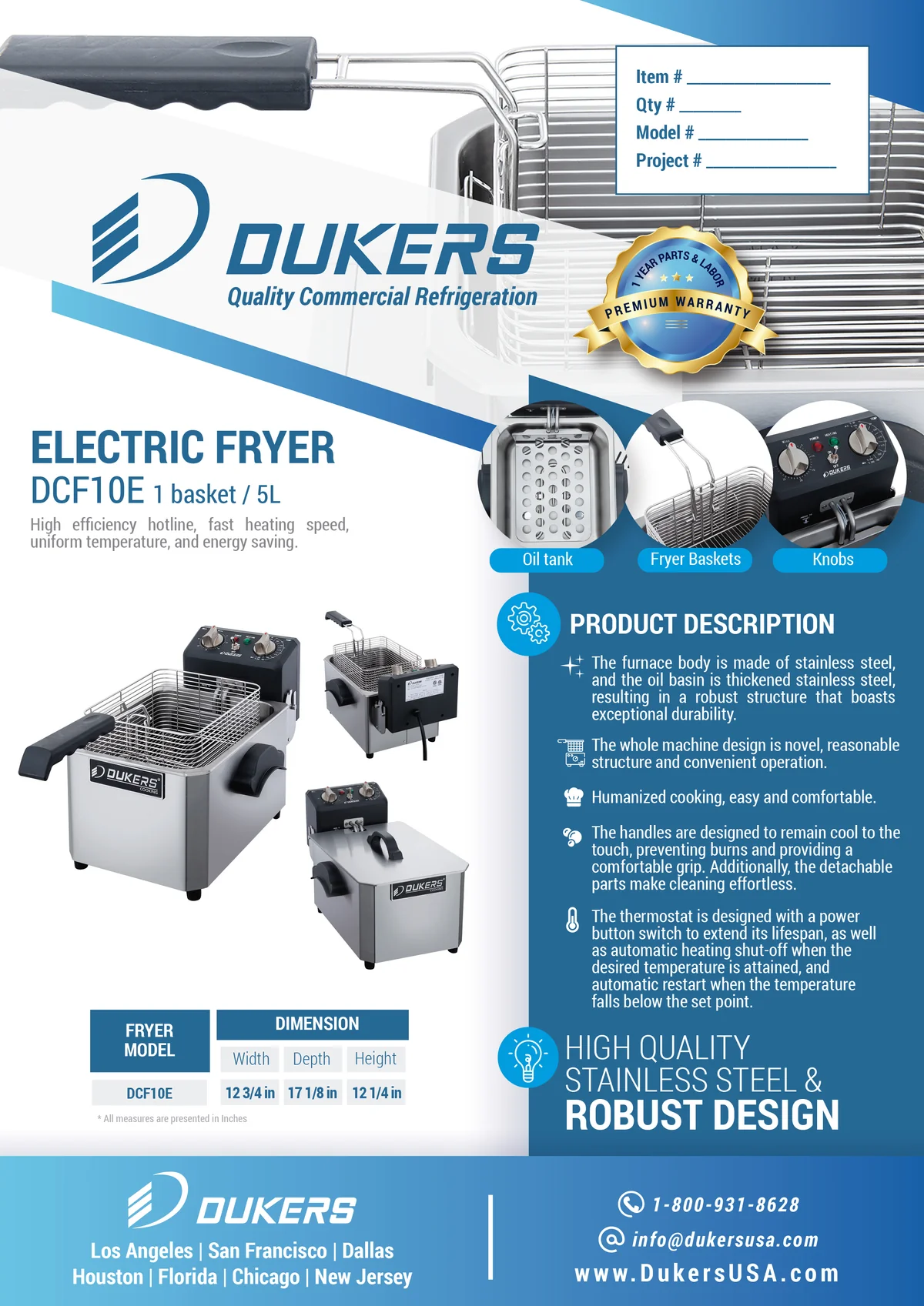 New Dukers - DCF10E, 10lb One Basket Electric Countertop Deep Fryer