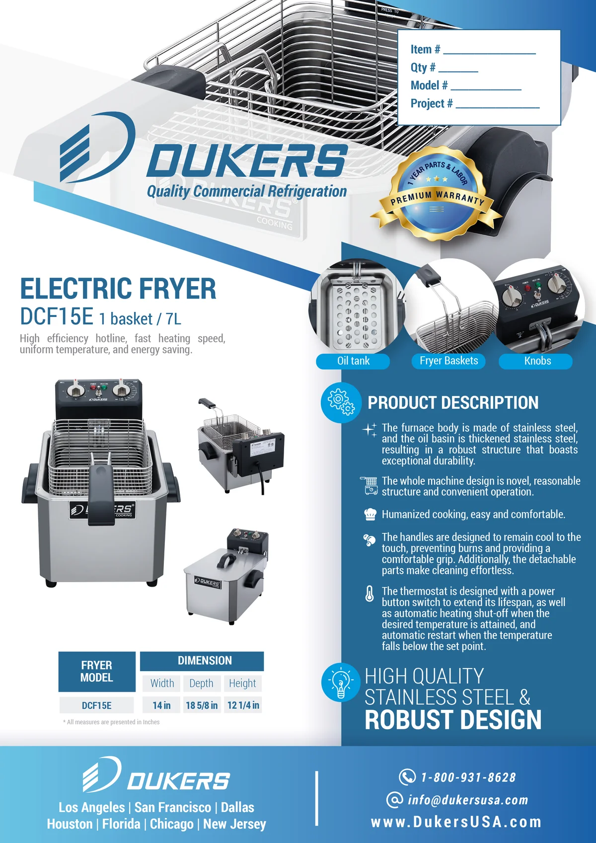 New Dukers - DCF15E, 15lb One Basket Electric Countertop Deep Fryer 208V