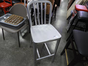 Used Aluminum Light Weight Silver Navy Indoor / Outdoor Bar Height Stool with Vertical Slat Back