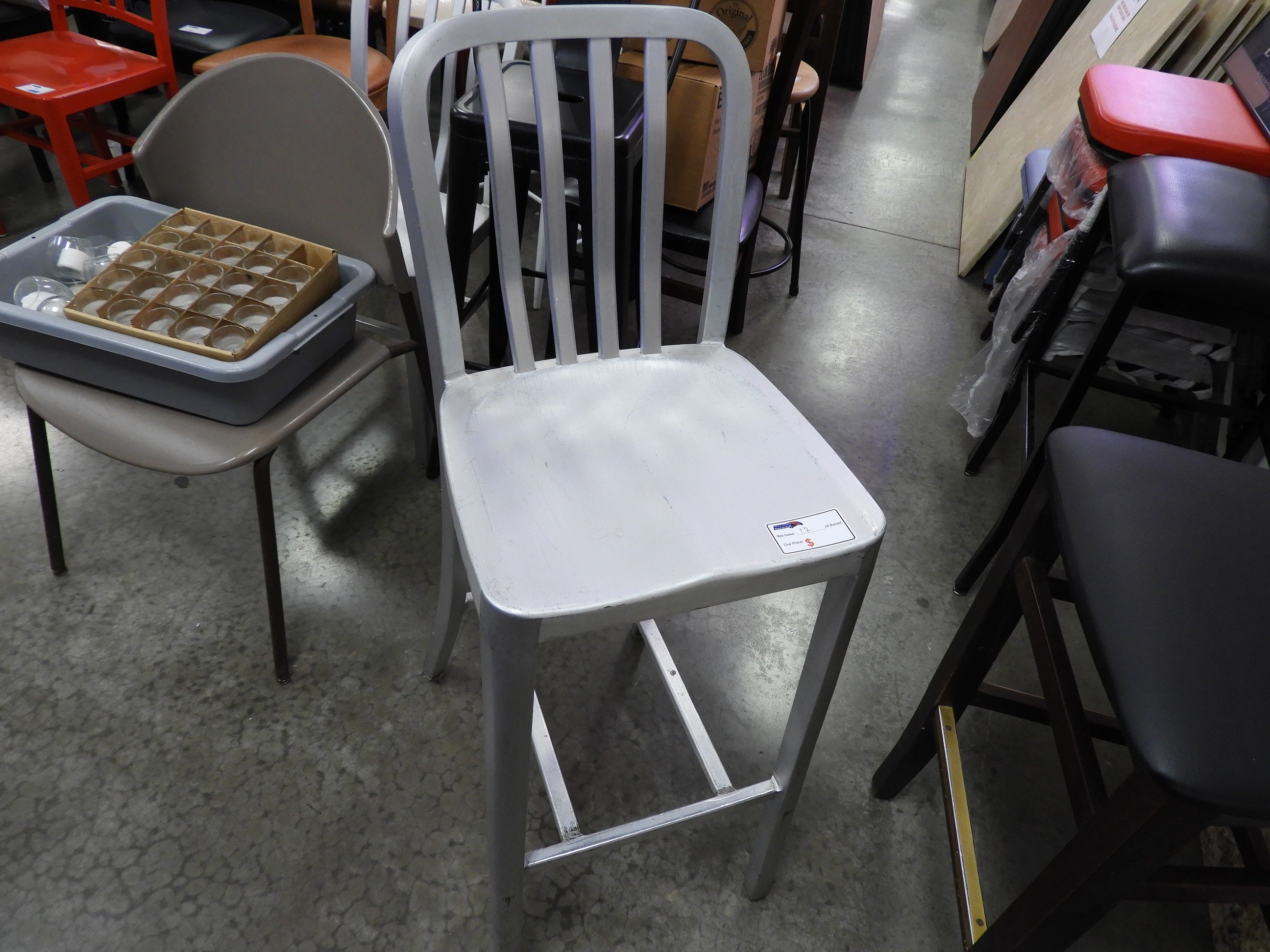 Used Aluminum Light Weight Silver Navy Indoor / Outdoor Bar Height Stool with Vertical Slat Back