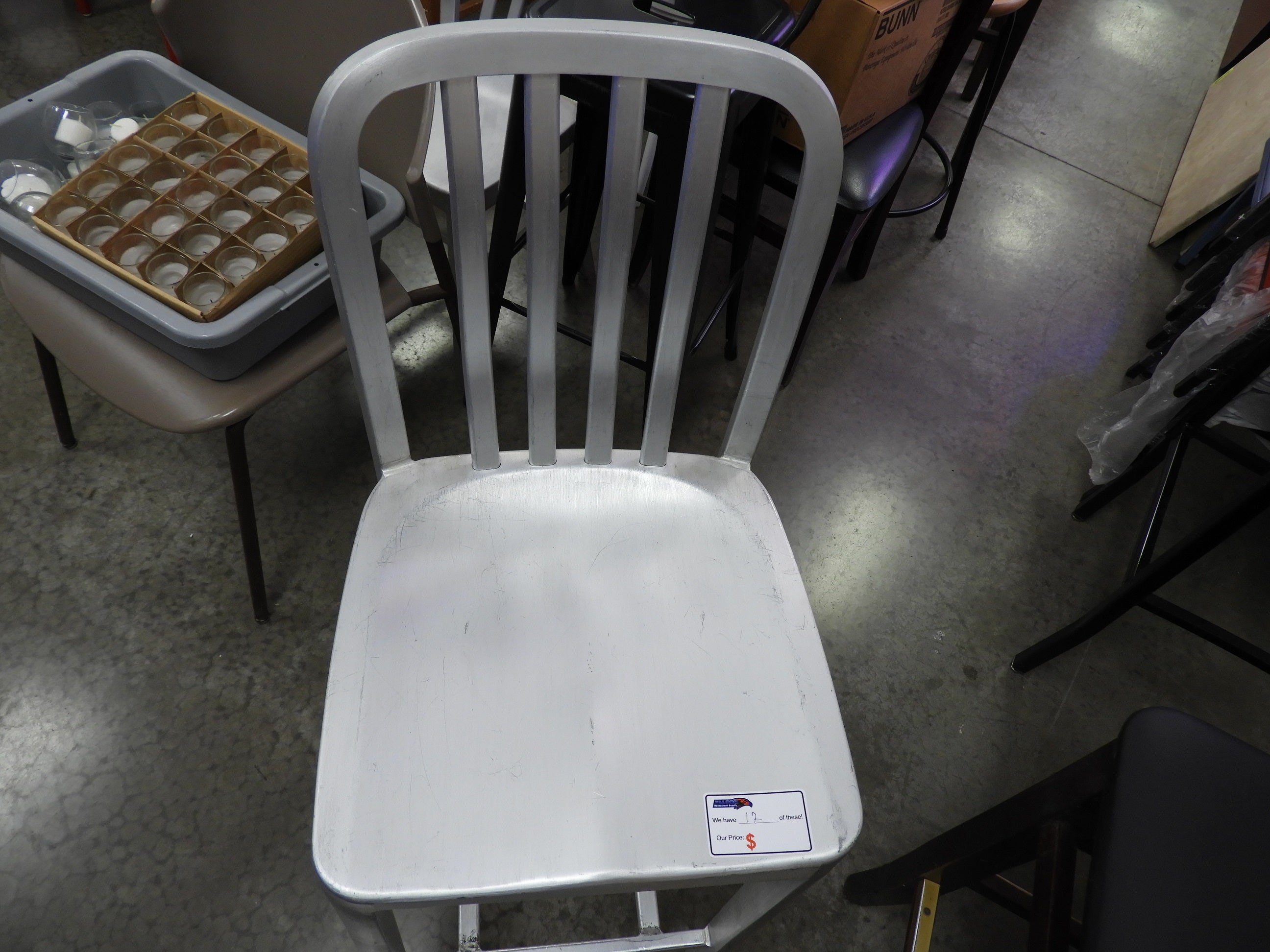 Used Aluminum Light Weight Silver Navy Indoor / Outdoor Bar Height Stool with Vertical Slat Back