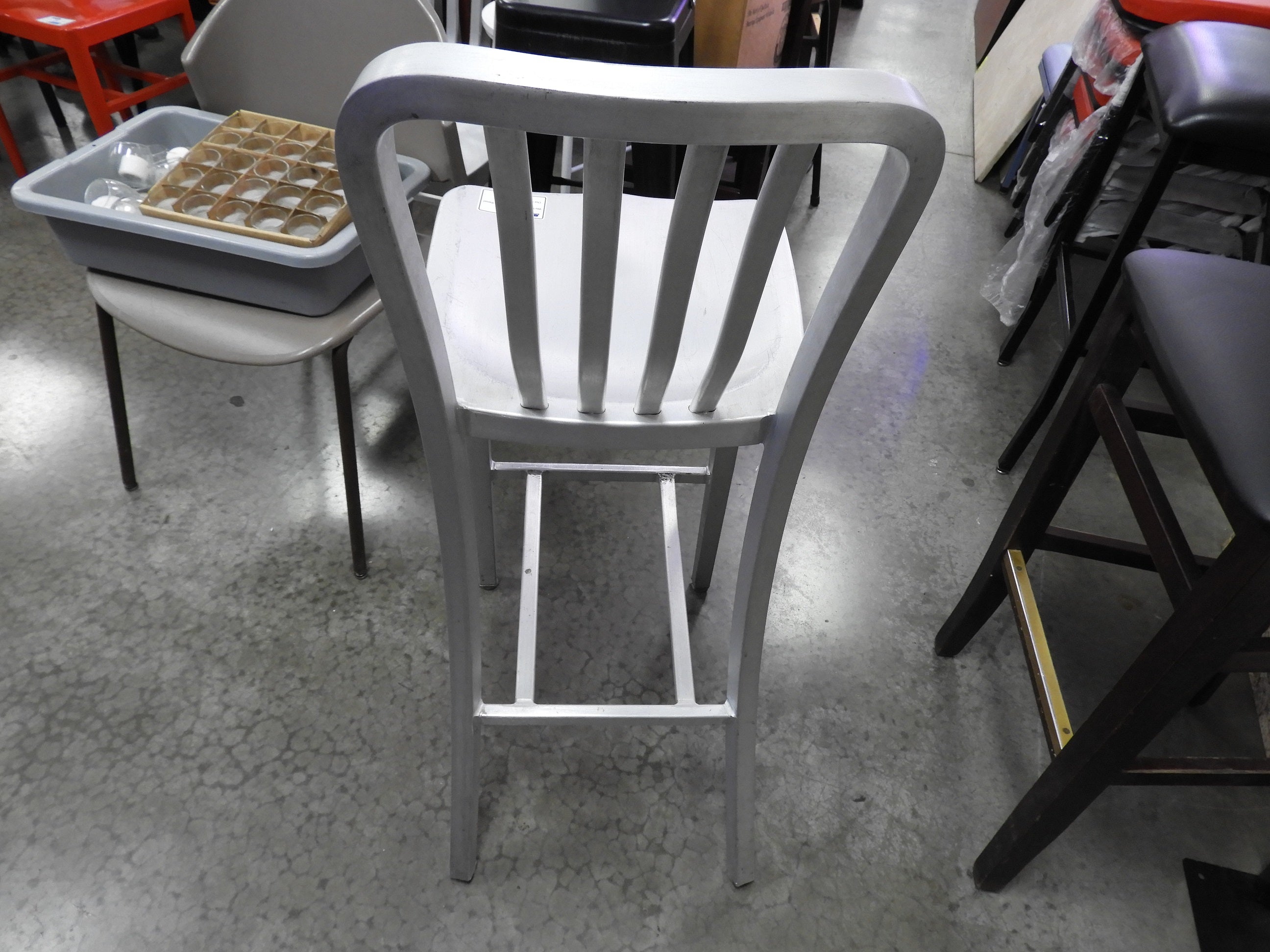 Used Aluminum Light Weight Silver Navy Indoor / Outdoor Bar Height Stool with Vertical Slat Back