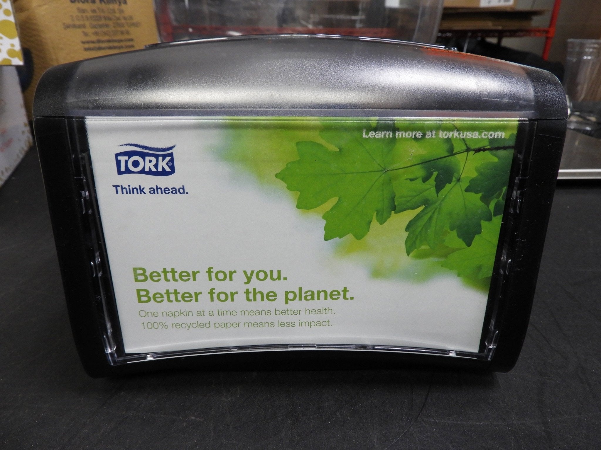 Used Tork Xpressnap Tabletop Napkin Dispenser, 7.9"W x 5.9"D x 6.1"H, Black C IP - Falcon Restaurant Supply - 2