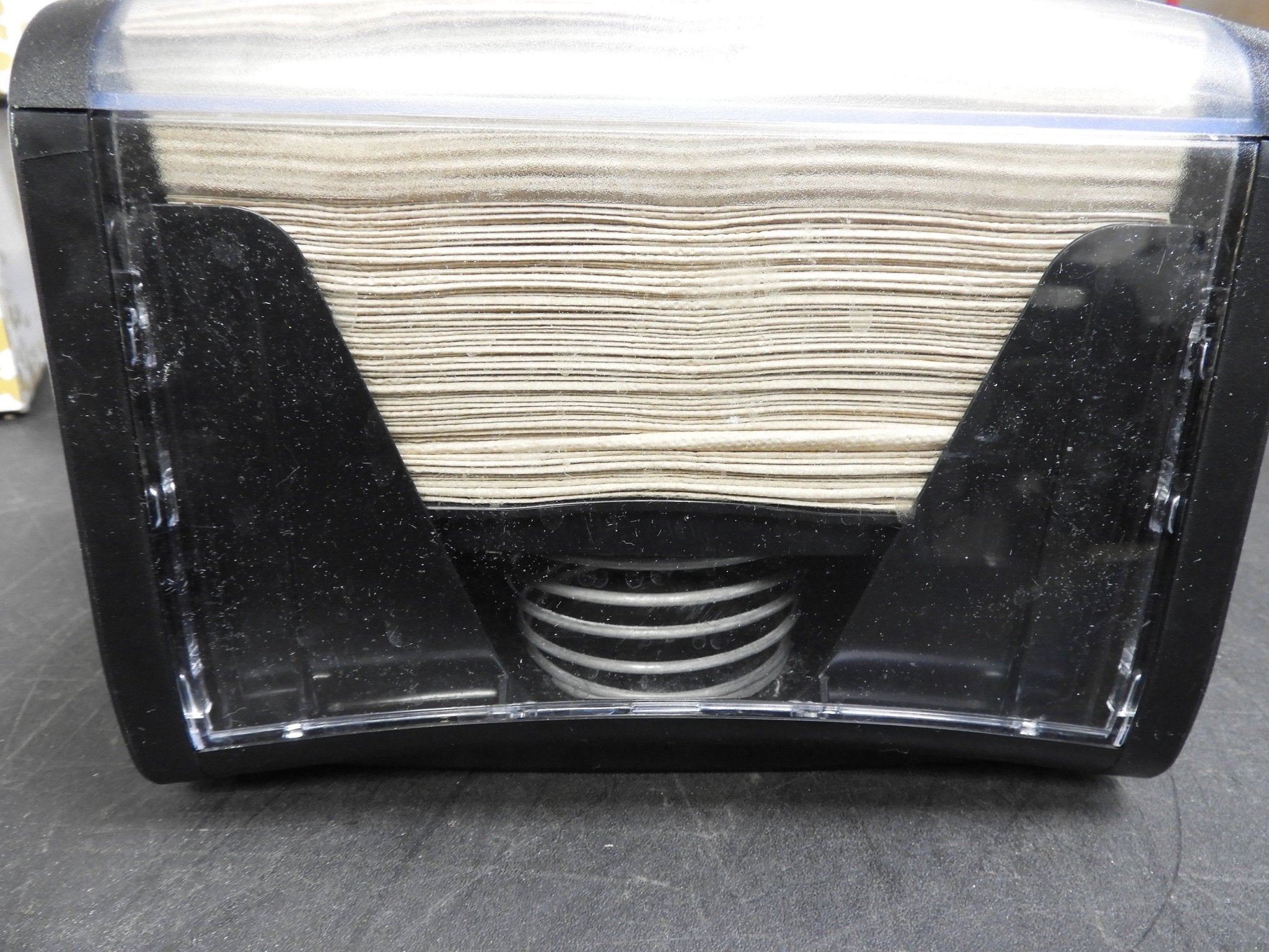 Used Tork Xpressnap Tabletop Napkin Dispenser, 7.9"W x 5.9"D x 6.1"H, Black - Falcon Restaurant Supply - 4
