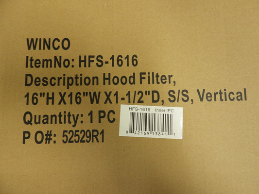 Winco HFS-1616 16"x16" Stainless Steel Commercial Hood Filter C IP