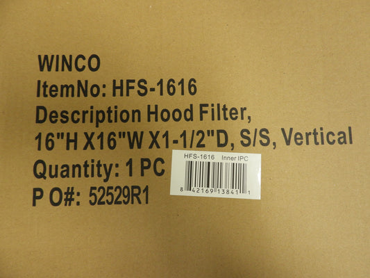 New Winco HFS-1616 16"x16" Stainless Steel Commercial Hood Filter C IP