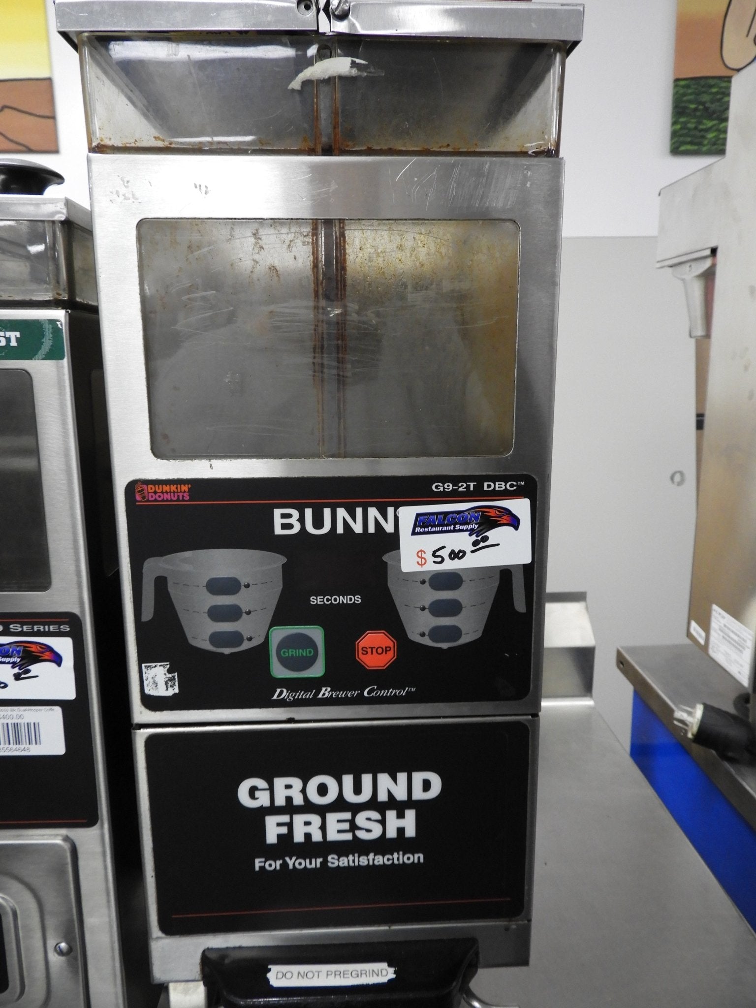 Used Bunn G9 - 2T DBC Coffee Grinder, 2 Hoppers, Stainless 120V - Falcon Restaurant Supply - 1