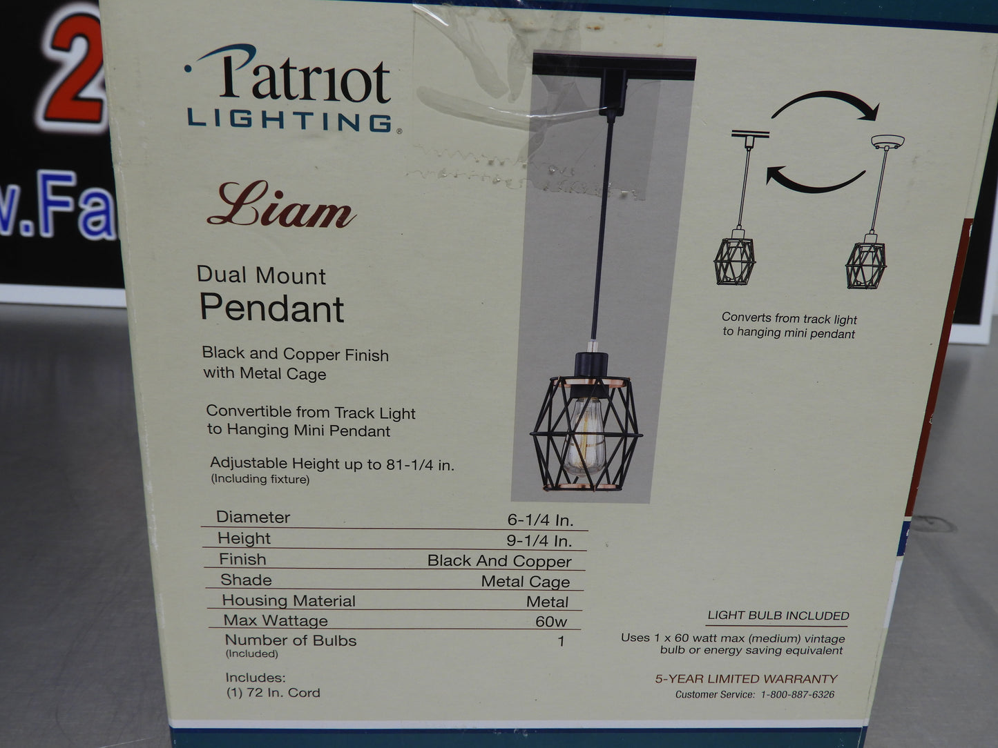 New Patriot 349-0515 Dual Mount Liam Pendant Light with Vintage Bulb