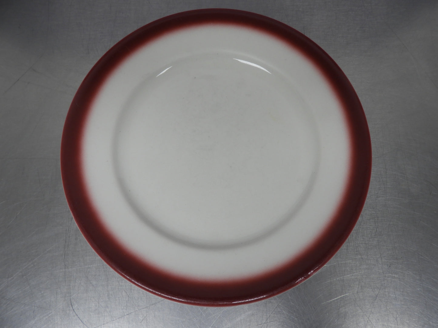 Vintage Buffalo China 9 inch Luncheon Restaurant Ware Plate with Pink/Maroon Rim Made in USA