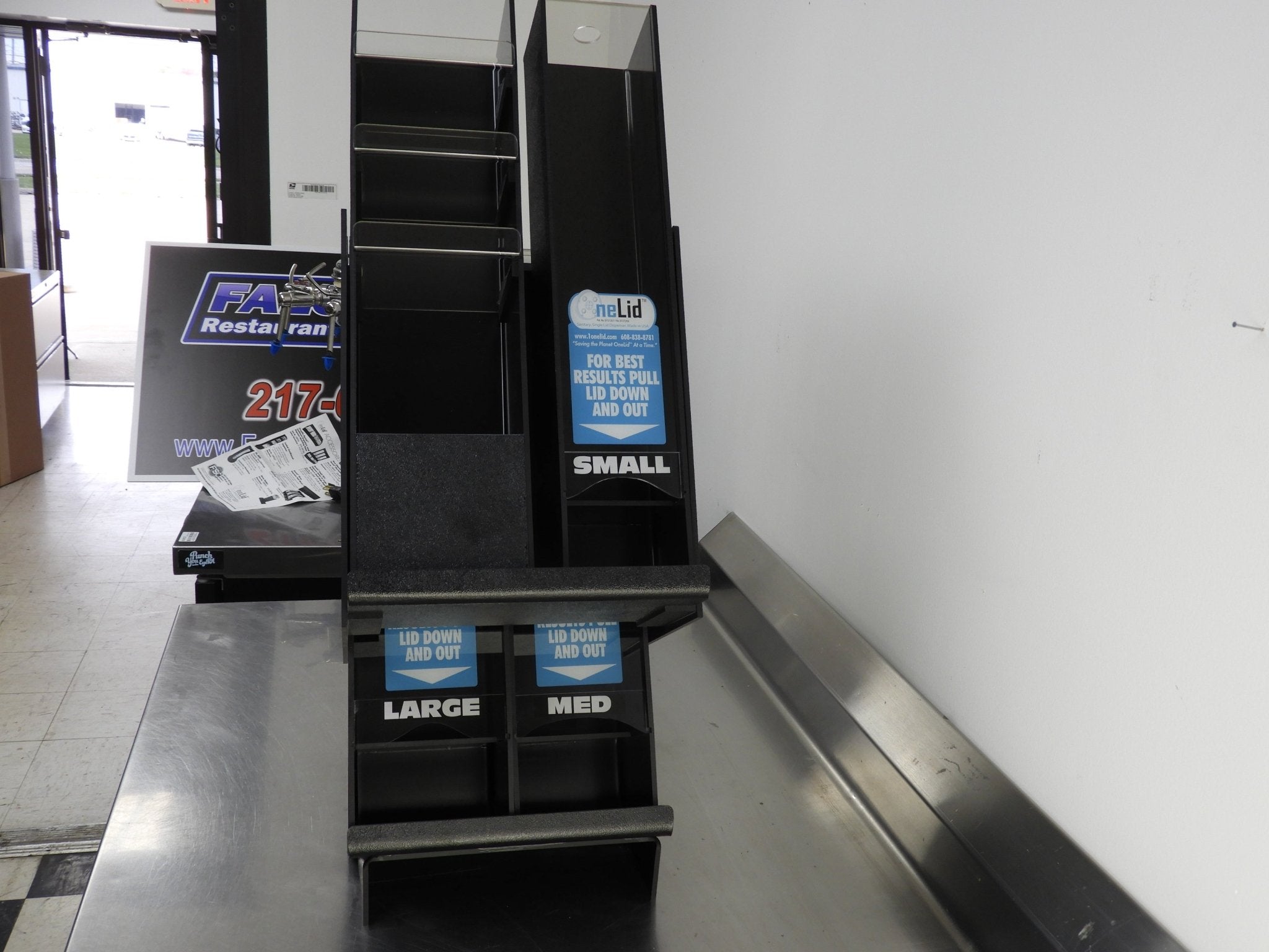 New OneLid 2x2 Compact Vertical Stack Cup Lid Dispenser, Condiment Organizer - Falcon Restaurant Supply - 1