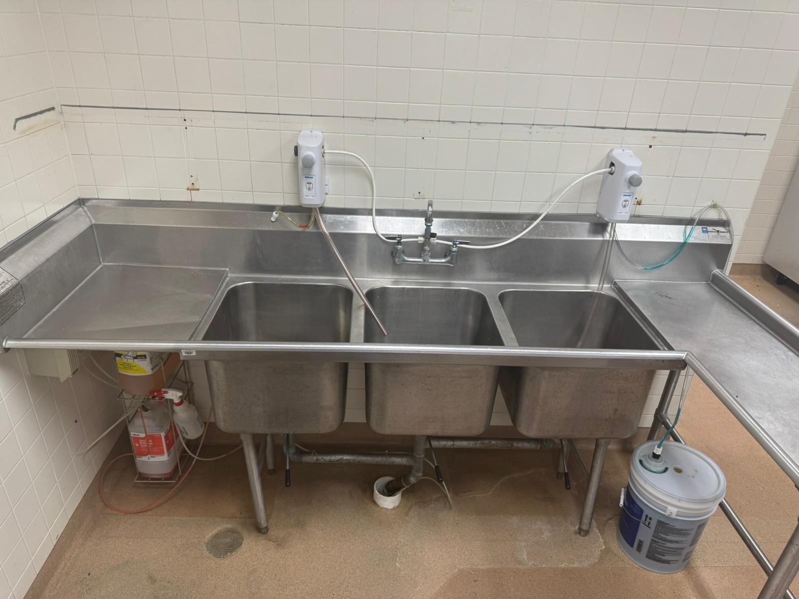 Used 95" L Shaped Stainless Steel 3 Compartment Sink