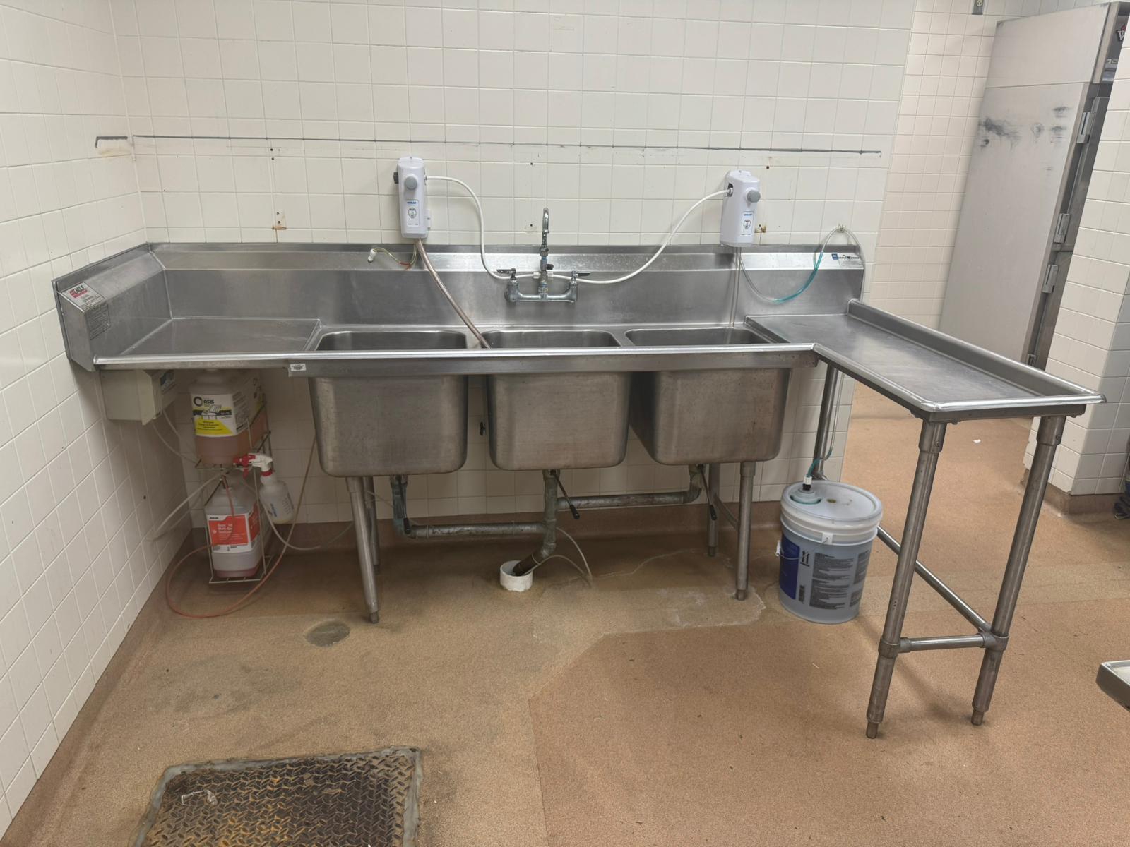 Used 95" L Shaped Stainless Steel 3 Compartment Sink