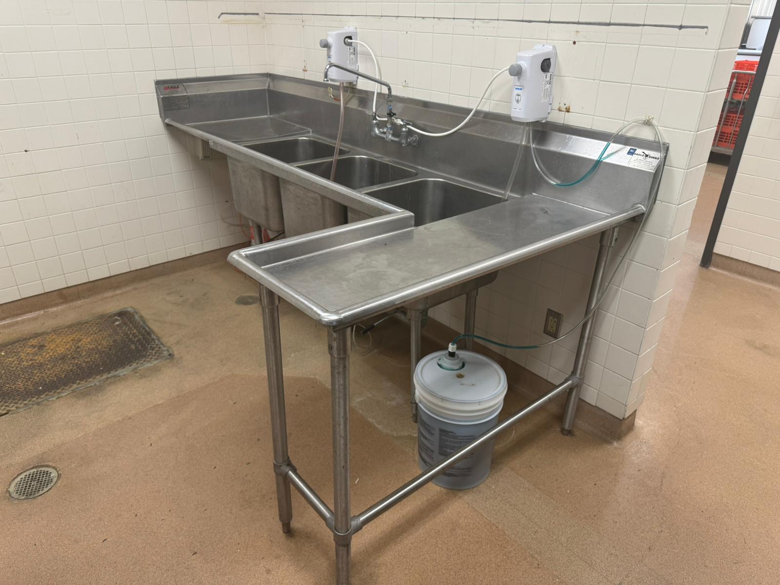 Used 95" L Shaped Stainless Steel 3 Compartment Sink
