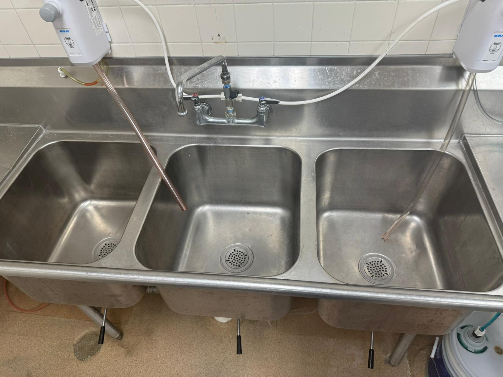 Used 95" L Shaped Stainless Steel 3 Compartment Sink