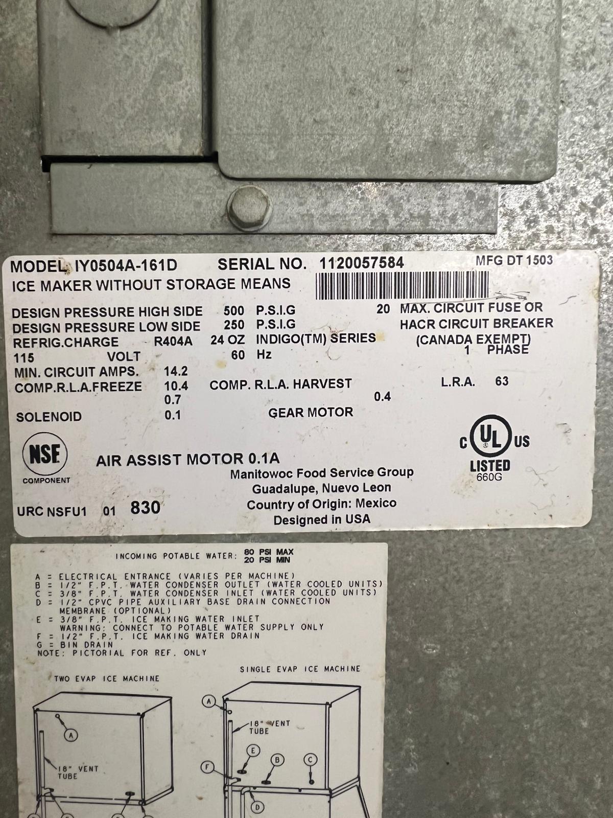 Manitowoc IY0504A-161D Indigo Ice Cube Machine, Air Cooled With Ice Bin