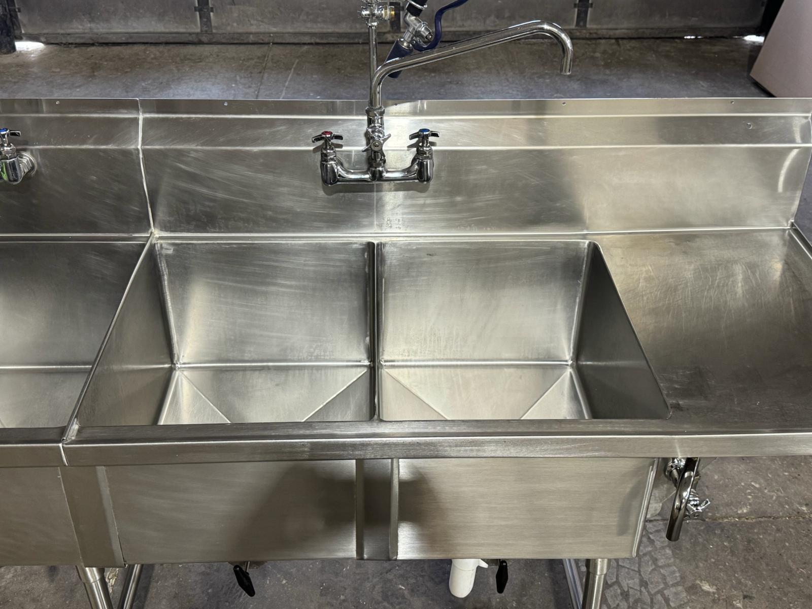 Used 112" Stainless 4 Compartment Sink with Power Soak and Faucets 208V