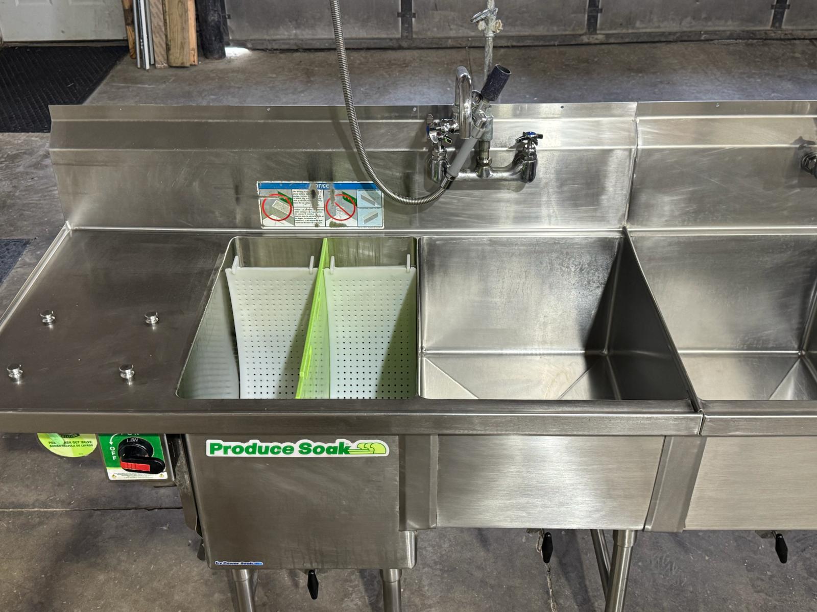 Used 112" Stainless 4 Compartment Sink with Power Soak and Faucets 208V