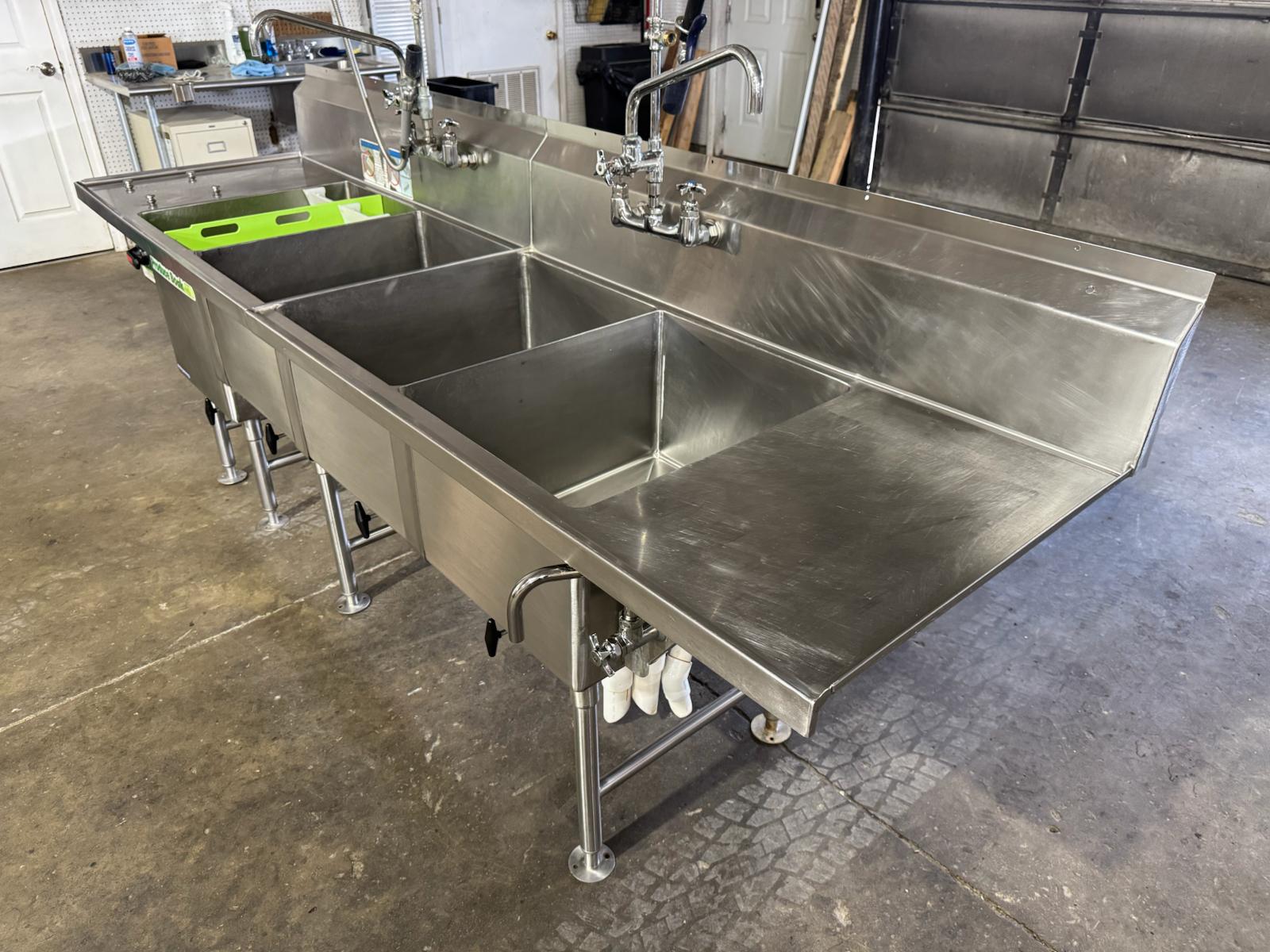 Used 112" Stainless 4 Compartment Sink with Power Soak and Faucets 208V