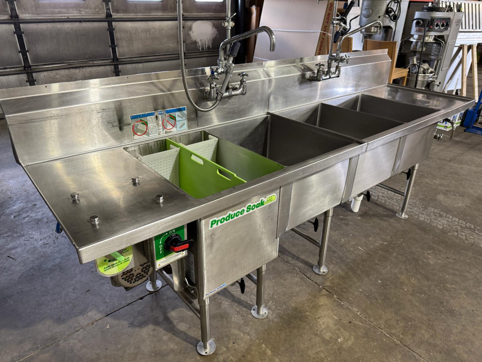 Used 112" Stainless 4 Compartment Sink with Power Soak and Faucets 208V