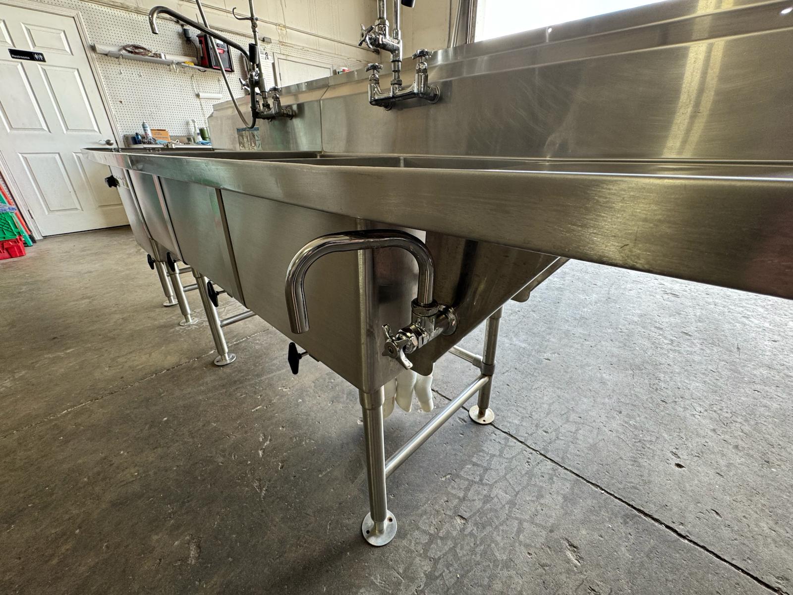 Used 112" Stainless 4 Compartment Sink with Power Soak and Faucets 208V