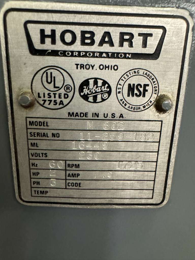 Used 80qt Hobart M802 Planetary Floor Mixer with Attachments 2HP 230V 3Ph