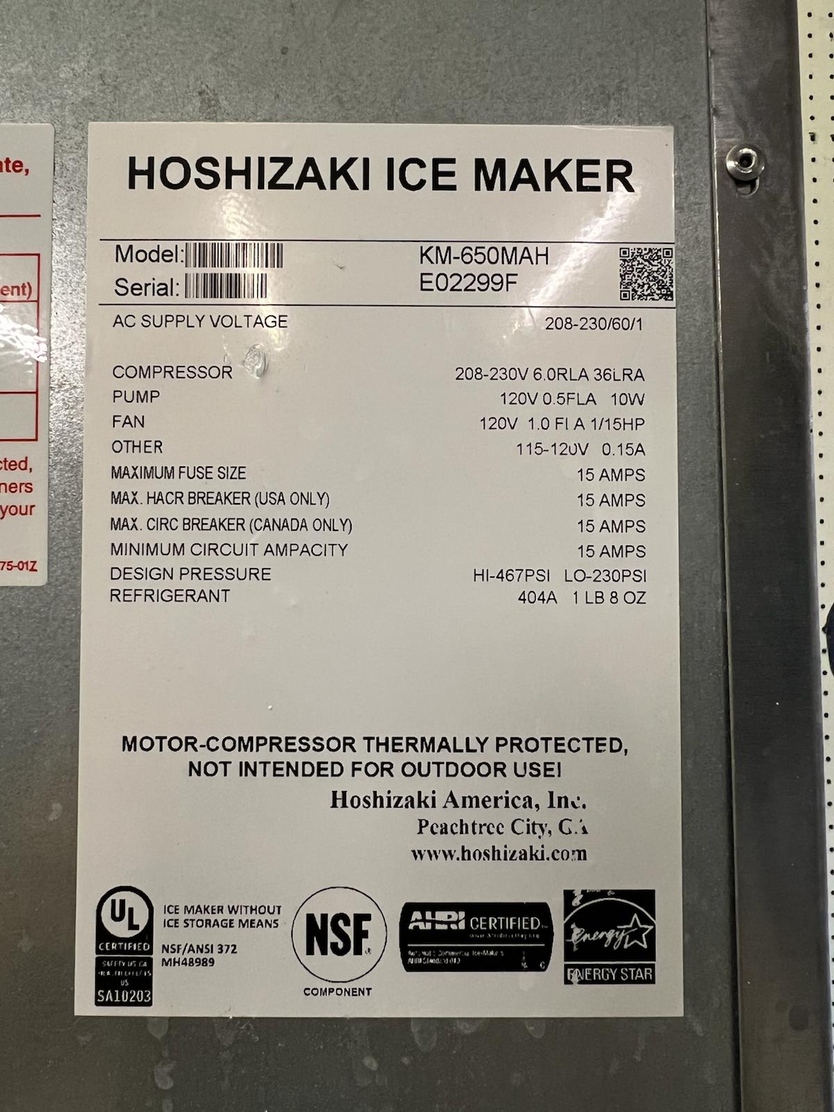 Used Hoshizaki KM-650MAH Crescent Cuber Air Cooled 520lb/24hr Ice Machine 208V - FG