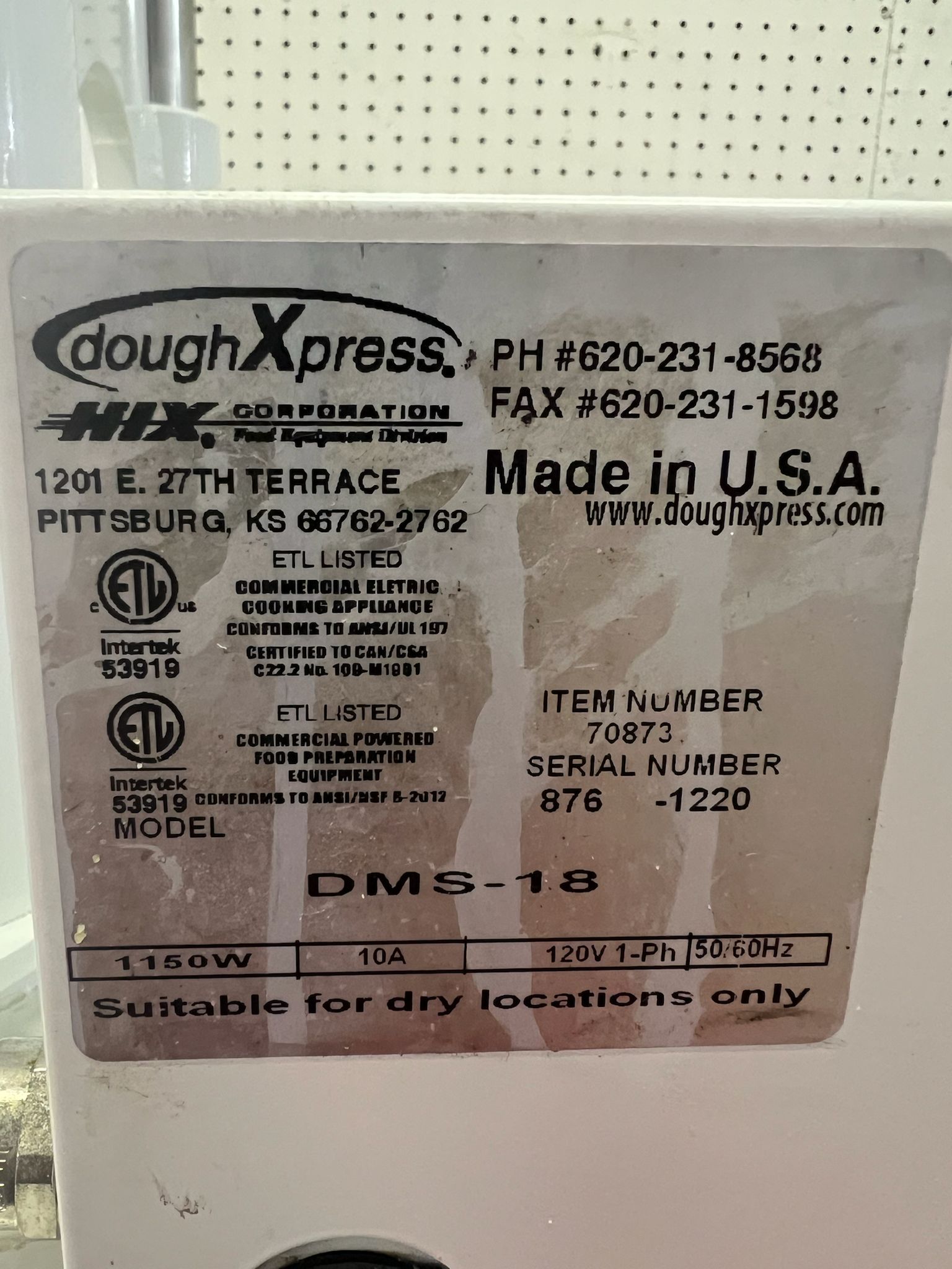 Used 18" DoughXpress DMS-18 Manual Swing Away Pizza Dough Press - 120V