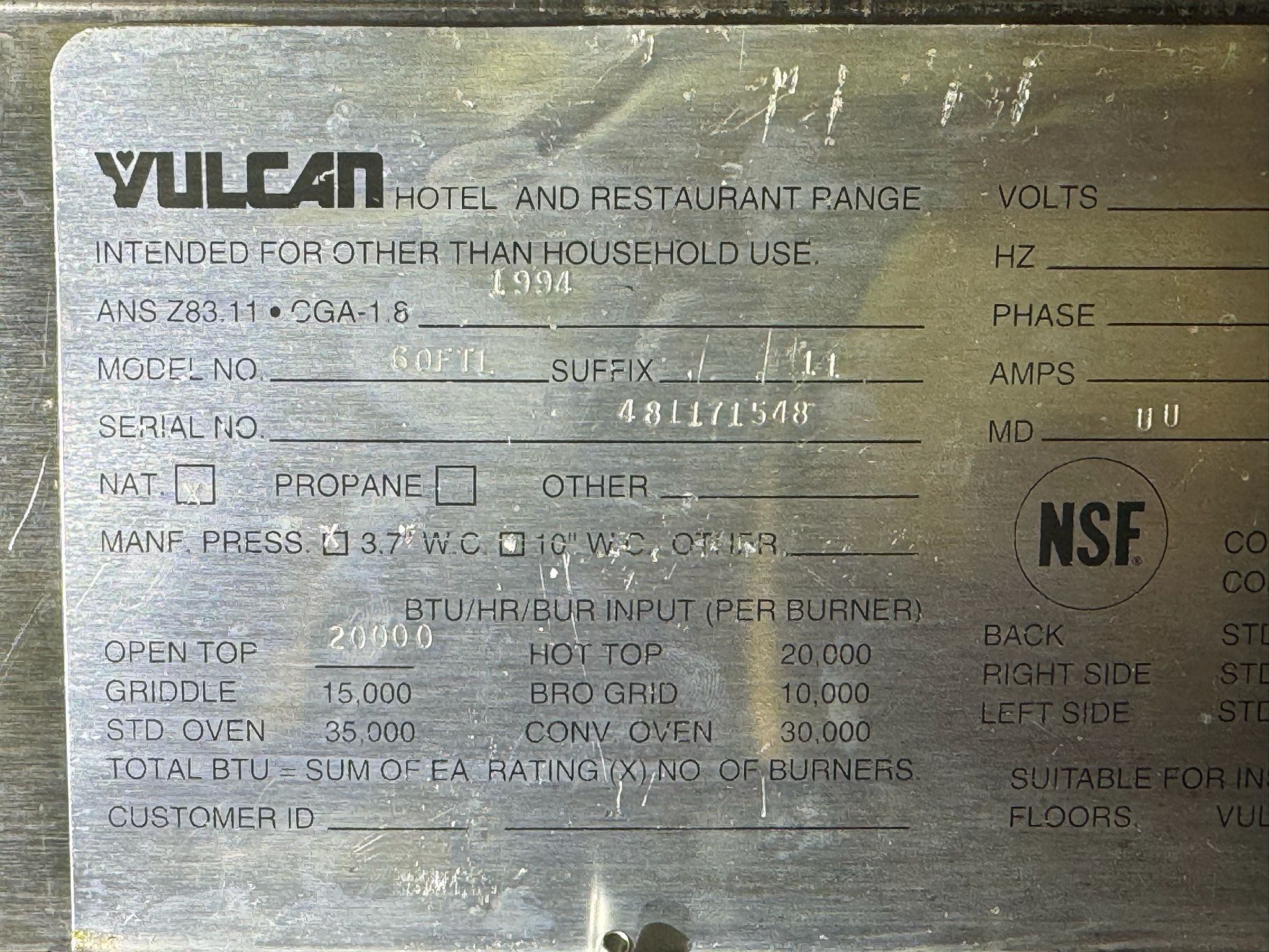 Used Vulcan 60-FTL 6 Burner NG Range with 24" Griddle and 2 Ovens